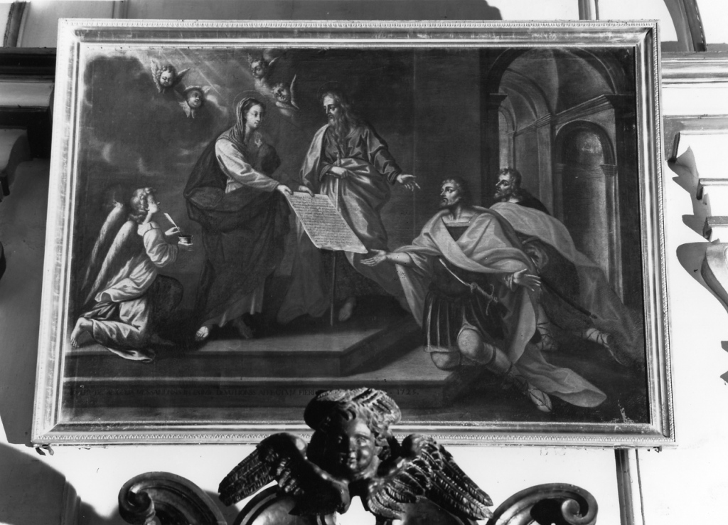 Madonna che porge un documento a due dignitari (dipinto) di De Luca Giovanni (sec. XVIII)