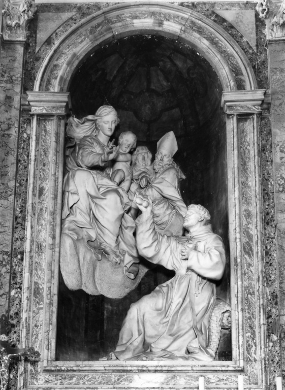 Madonna con Bambino, S. Agostino e S. Monica appaiono a S. Nicola da Tolen tino (gruppo scultoreo) di Guidi Domenico, Ferrata Ercole (sec. XVII)