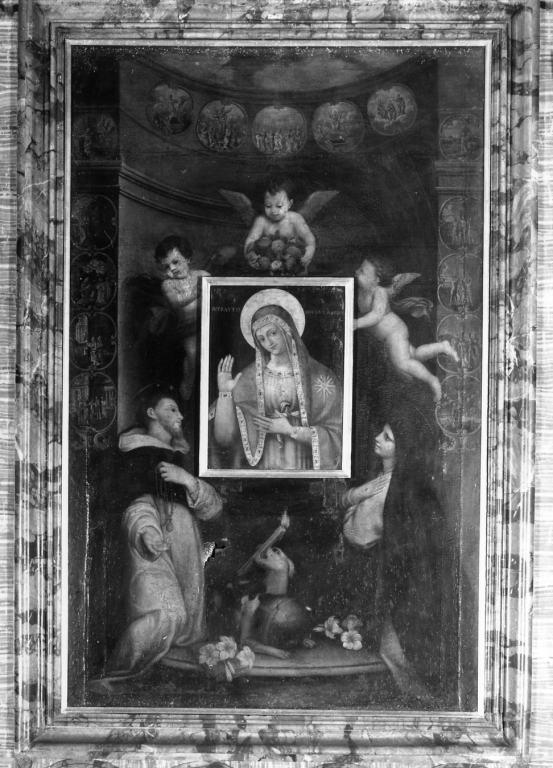 San Domenico e Santa Caterina adorano l'immagine della Vergine (dipinto) di Catoni Michelangelo - ambito romano (sec. XVIII)