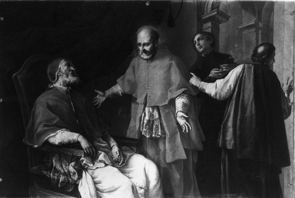 Il beato Paolo Burali cardinale di Arezzo conforta San Pio V gravemente ma lato (dipinto) di Angeletti Pietro (sec. XVIII)