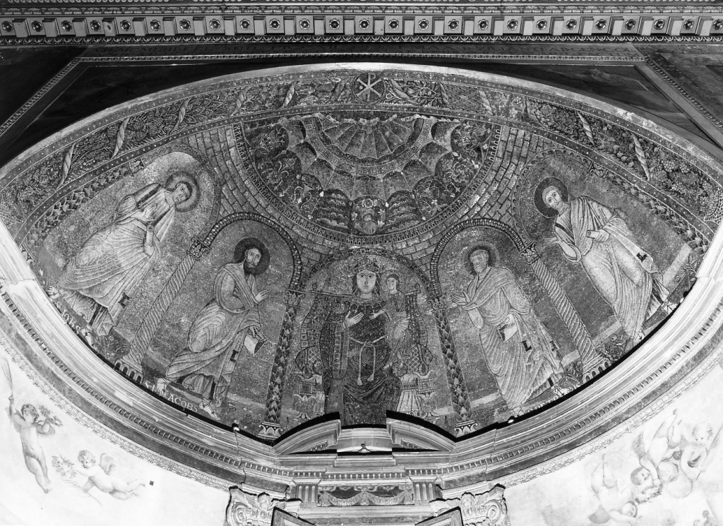 Madonna con Bambino tra i SS. Giacomo, Giovanni, Pietro e Andrea (decorazione musiva) - ambito romano (sec. XII)