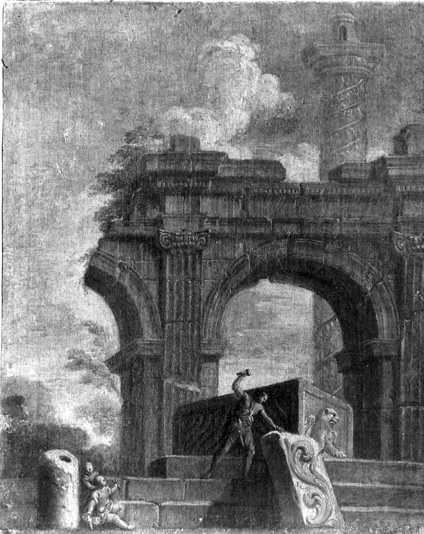 paesaggio con rovine e lapicida (dipinto) - ambito romano (prima metà sec. XVIII)