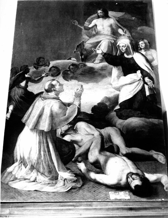 San Carlo Borromeo e Santa Francesca Romana intercedono per la cessazione della peste (dipinto) di Cozza Francesco (sec. XVII)