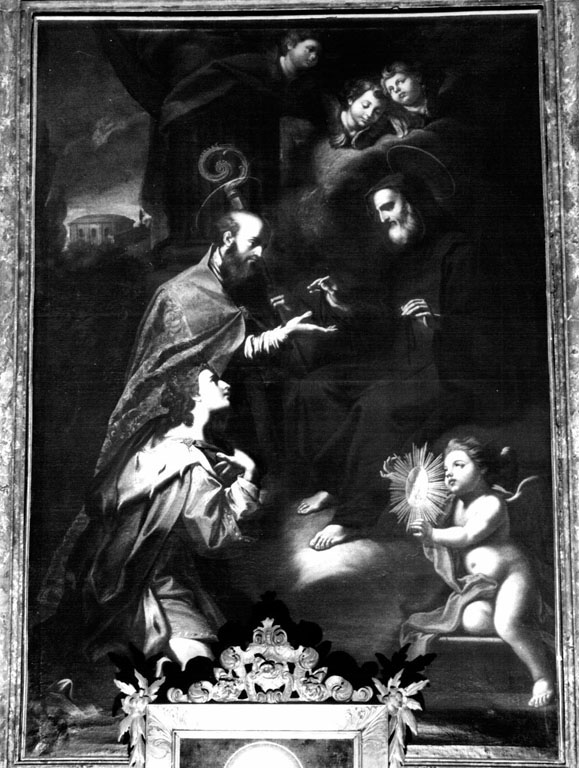 San Francesco di Paola consegna il cordone dell'ordine terziario a San Francesco di Sales e alla Beata Giovanna di Valois (pala d'altare) di Romoli Marcantonio (sec. XVIII)