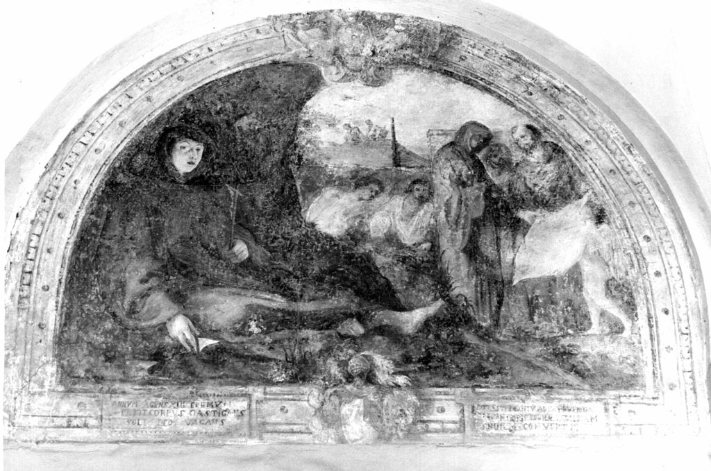 San Francesco di Paola tredicenne in eremitaggio; San Francesco di Assisi mostra al santo la pianta di una chiesa da edificare (dipinto) di Cozza Francesco (sec. XVII)