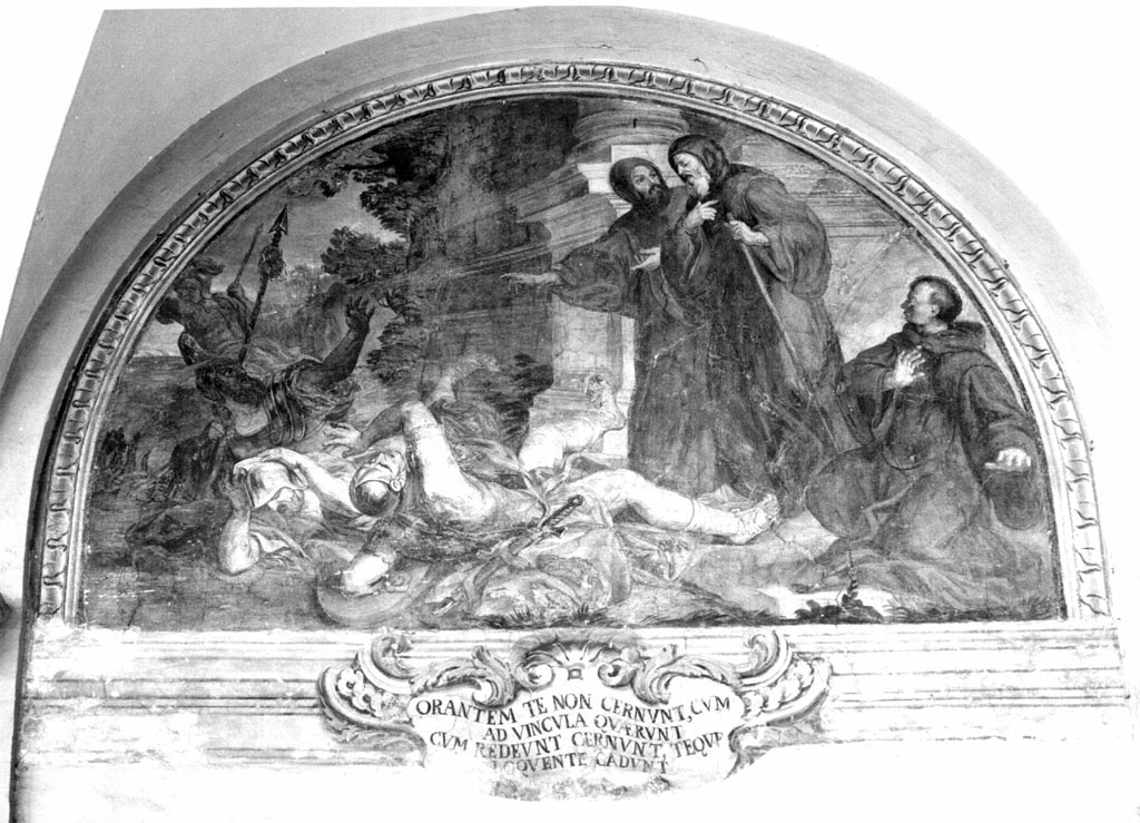 Soldati del re Ferrante cadono a terra dinnanzi a San Francesco di Paola (dipinto) di Tempesti Domenico detto Tempestino (attribuito) (fine sec. XVII)