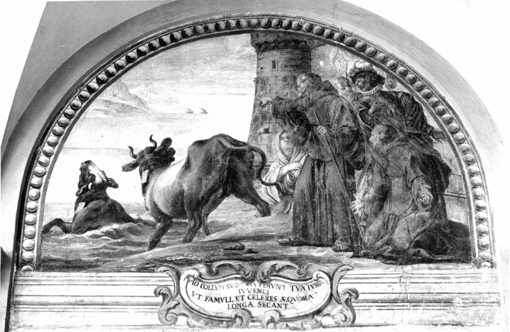 San Francesco di Paola invia due tori che attraversano il mare per recarsi a Paterno (dipinto) di Tempesti Domenico detto Tempestino (attribuito) (fine sec. XVII)