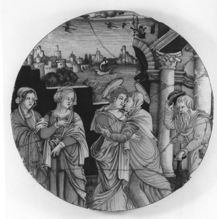 visitazione (piatto, frammento) - manifattura urbinate (sec. XVI)