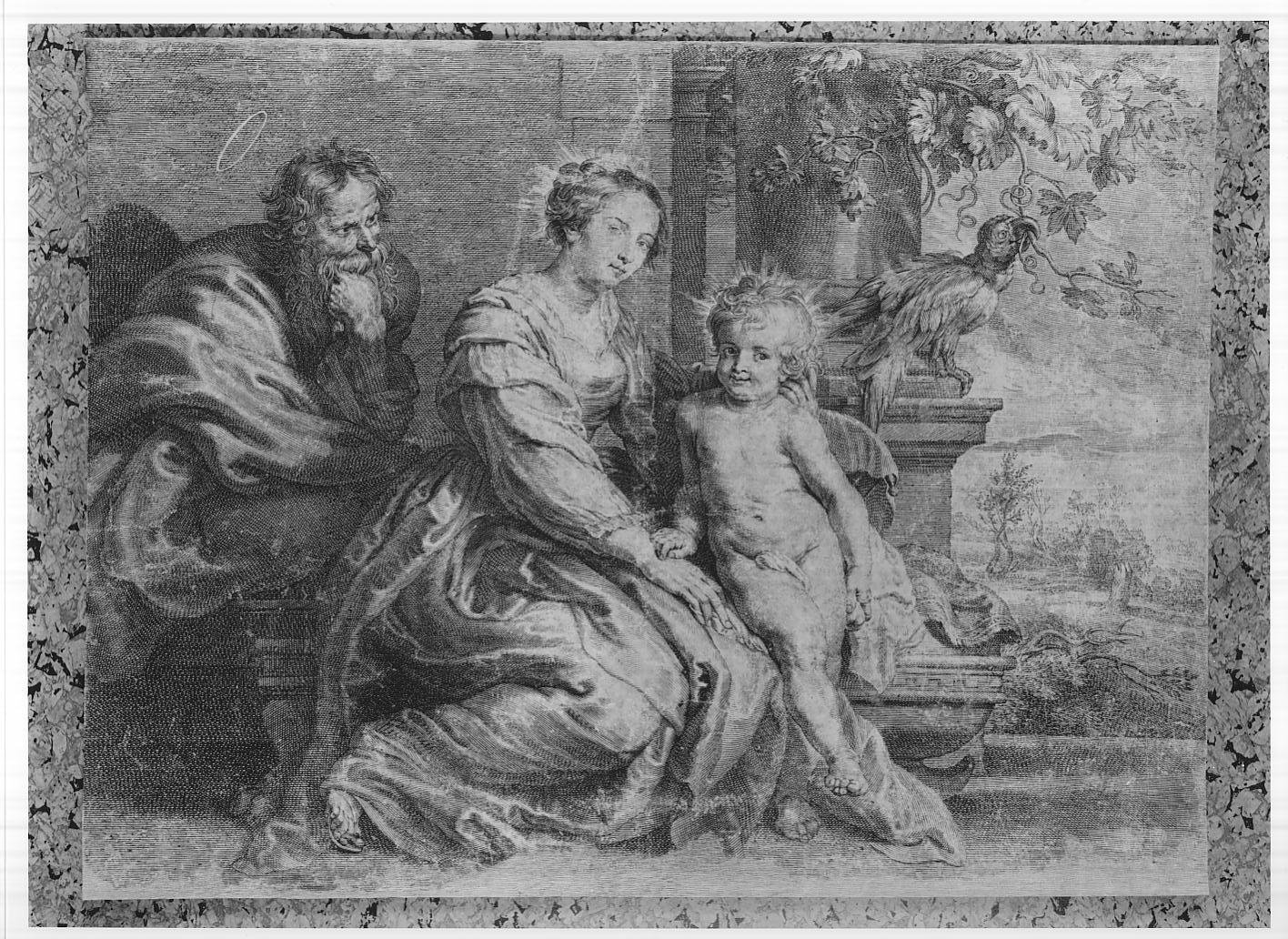 Madonna del pappagallo, Sacra Famiglia (stampa tagliata) di Bolswert Schelte Adams, Rubens Pieter Paul (sec. XVII)
