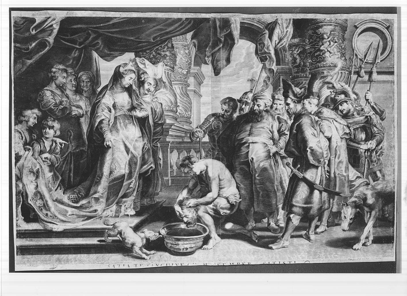 La regina Tomiri con la testa di Ciro (stampa smarginata) di Ragot Francois, Pontius Paul, Rubens Pieter Paul (sec. XVII)