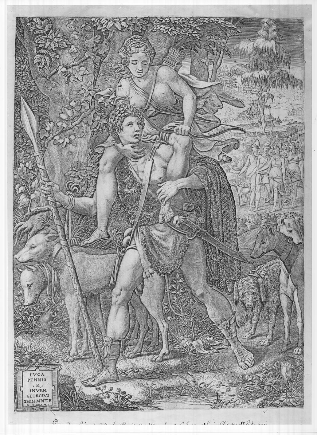 Diana e Orione/ Diana ed Endimione/ Atalanta e Milanione, Un cacciatore con una ninfa sulle spalle (stampa smarginata) di Ghisi Giorgio, Penni Luca (sec. XVI)
