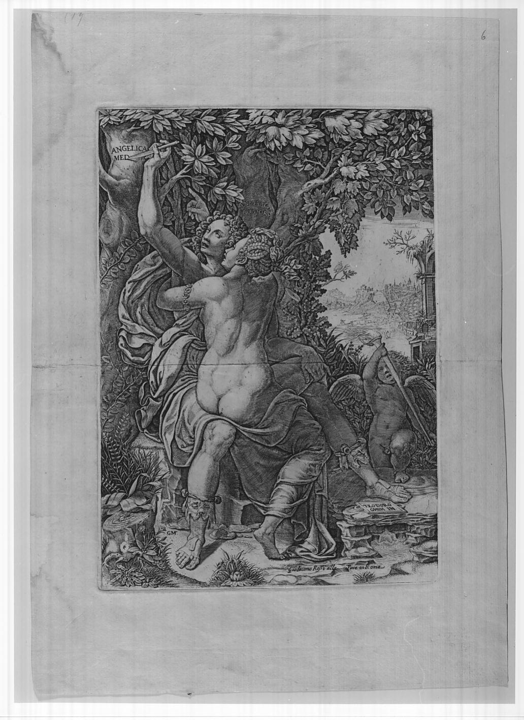 Angelica e Medoro (stampa smarginata) di Ghisi Giorgio, Ghisi Teodoro (sec. XVI)