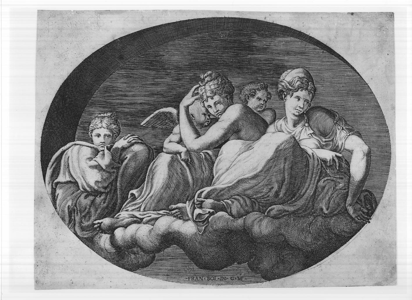 Venere con due dee e due putti (stampa smarginata, serie) di Ghisi Giorgio, Primaticcio Francesco (sec. XVI)