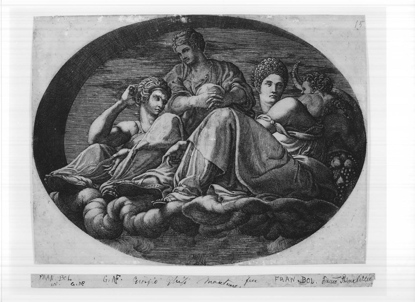 Giunone e altre divinità, Cerere con due dee e due putti (stampa smarginata, serie) di Ghisi Giorgio, Primaticcio Francesco (sec. XVI)