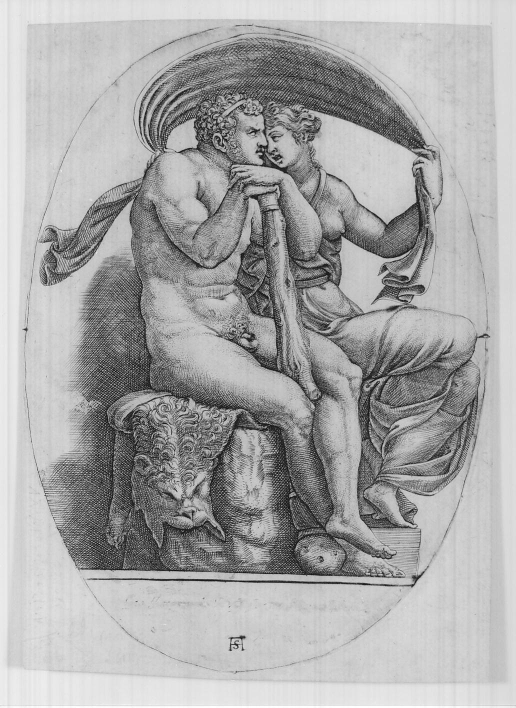 Ercole e Deianira/ Ercole e Iole, Ercole e una donna seduti (stampa) di Scultori Adamo, Giulio Romano (sec. XVI)