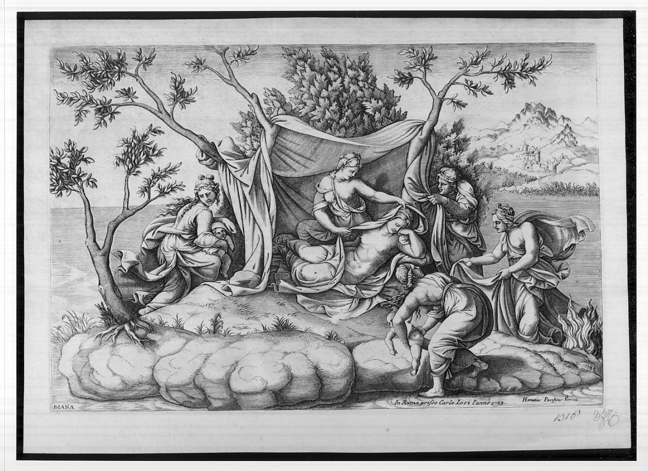 Nascita di Castore e Polluce/ Nascita di Giove e Giunone, Latona partorisce Apollo e Diana nell'isola di Delo (stampa) di Scultori Diana, Giulio Romano (sec. XVI)