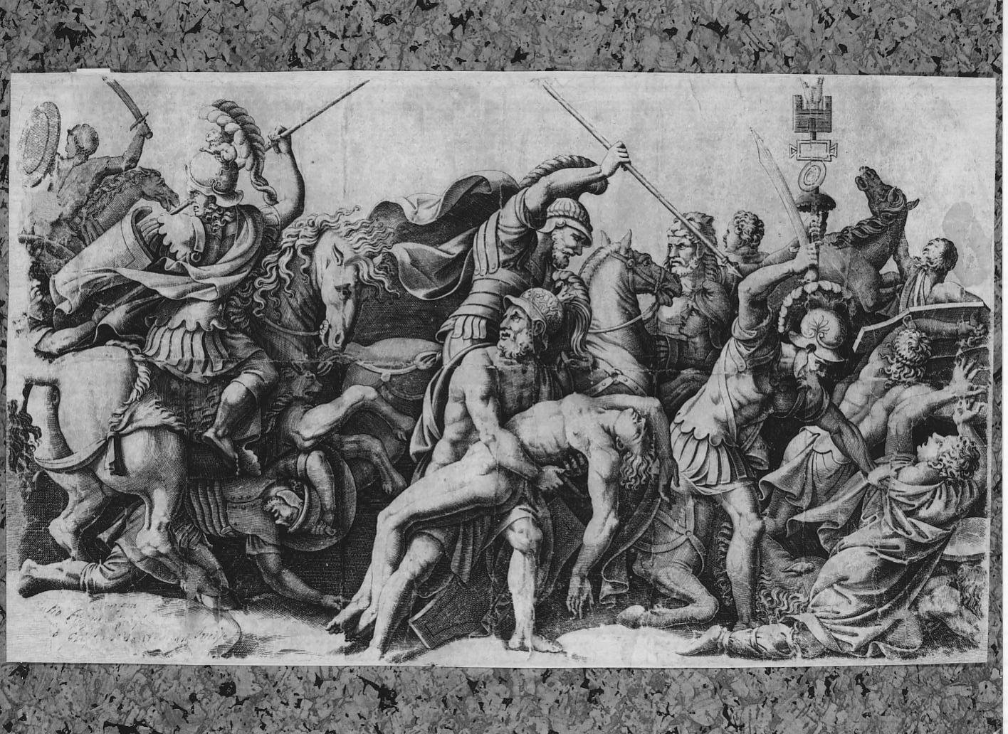 Combattimento intorno al corpo morto di Patroclo (stampa smarginata) di Scultori Diana, Giulio Romano (sec. XVI)