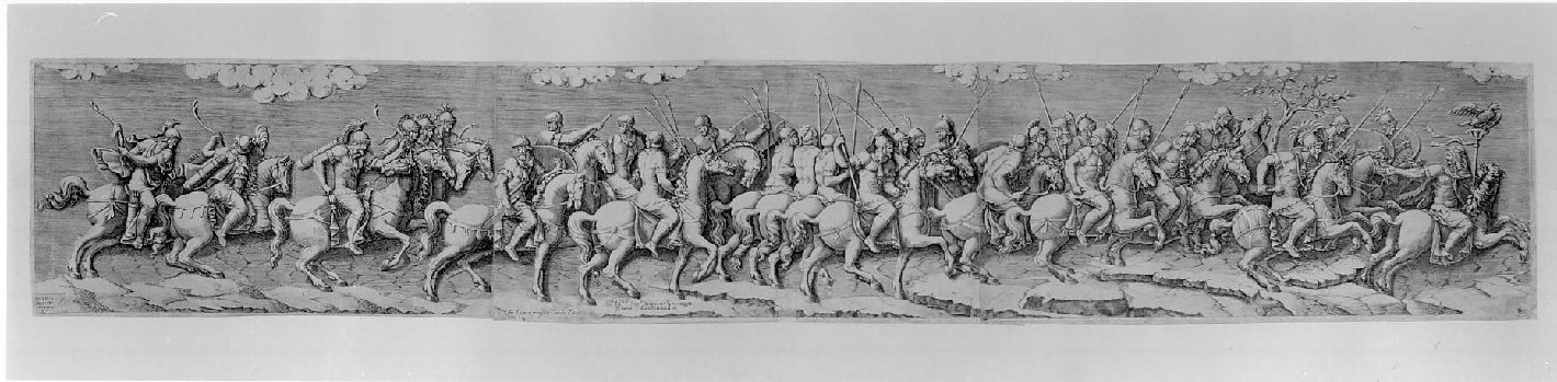 Marcia di Cavalieri (stampa smarginata, stampa composita) di Scultori Diana, Giulio Romano (sec. XVI)