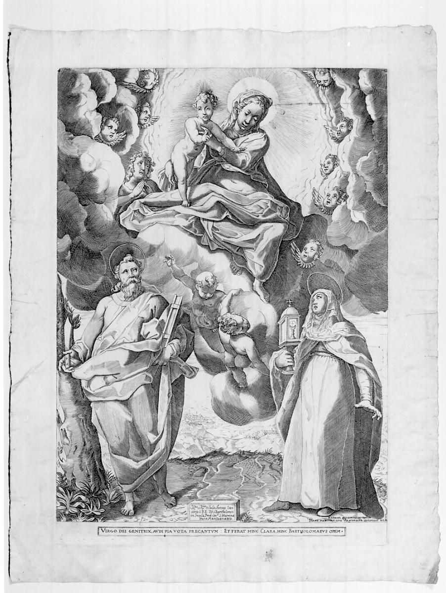 Vergine in gloria con San Bartolomeo e Santa Chiara (stampa smarginata) di Scultori Diana, Raffaellino da Reggio (sec. XVI)