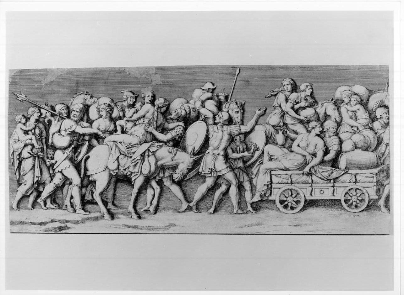 Soldati con donne e bambini ed equipaggiamenti (stampa, serie) di Bartoli Pietro Sante, Giulio Romano (sec. XVII)
