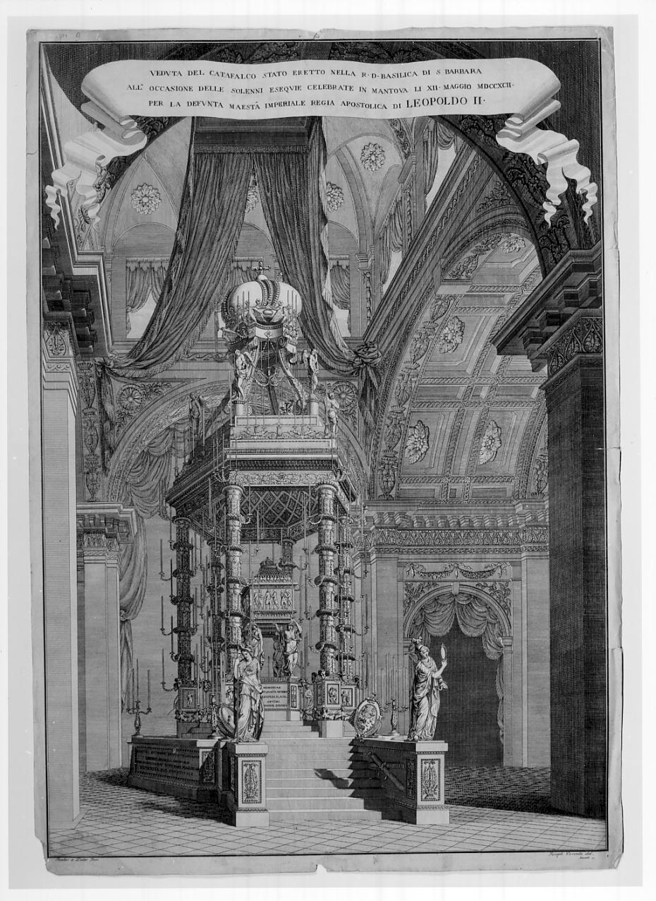 Catafalco di Leopoldo II nella basilica di Santa Barbara a Mantiova (stampa smarginata) di Mantelli G, Crevola Giuseppe, Pozzo Paolo (sec. XVIII)