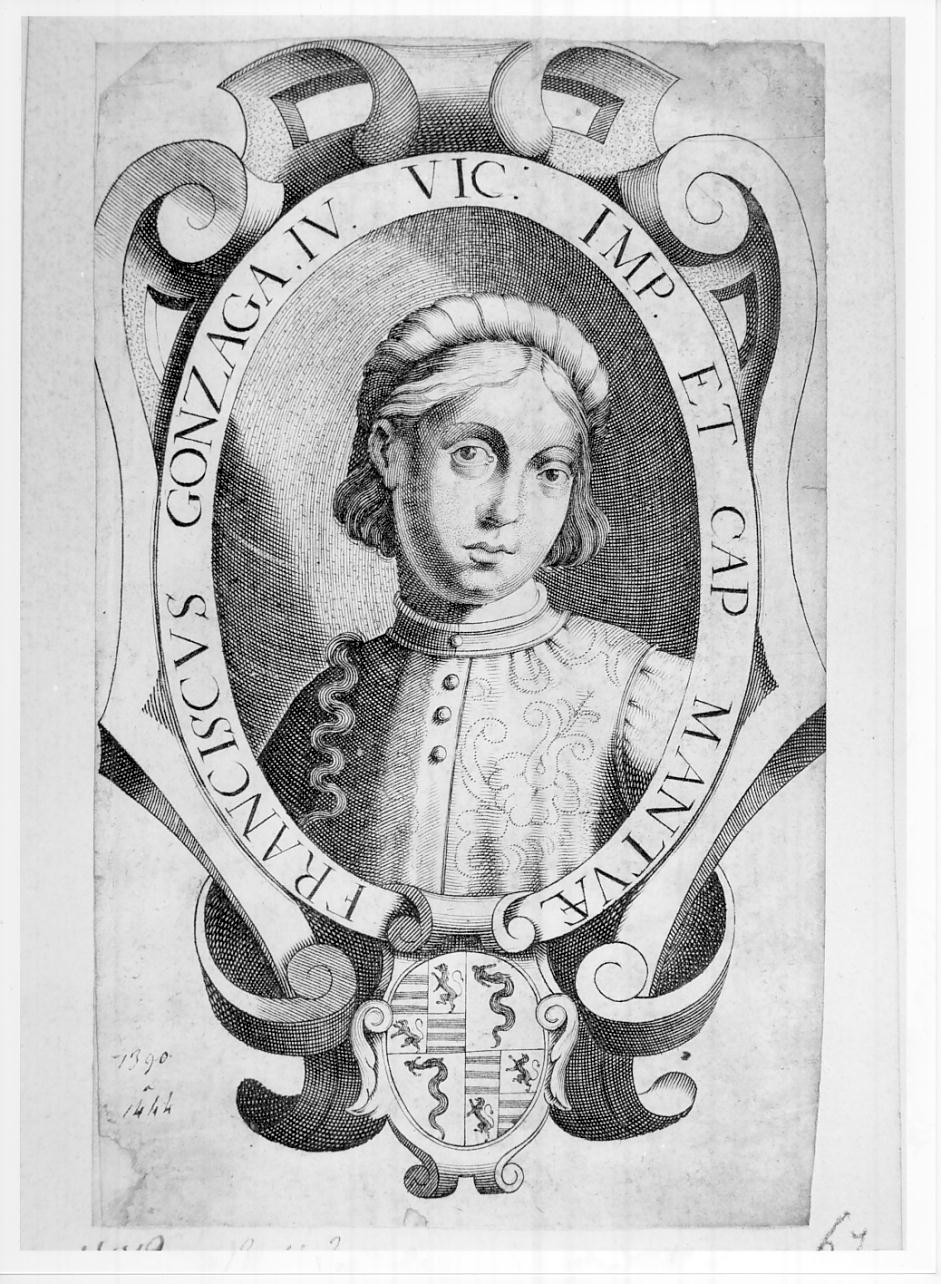 Francesco I Gonzaga, quarto capitano generale di Mantova (n. 1366-m. 1407) (stampa smarginata, serie) - ambito Italia settentrionale (sec. XVII)