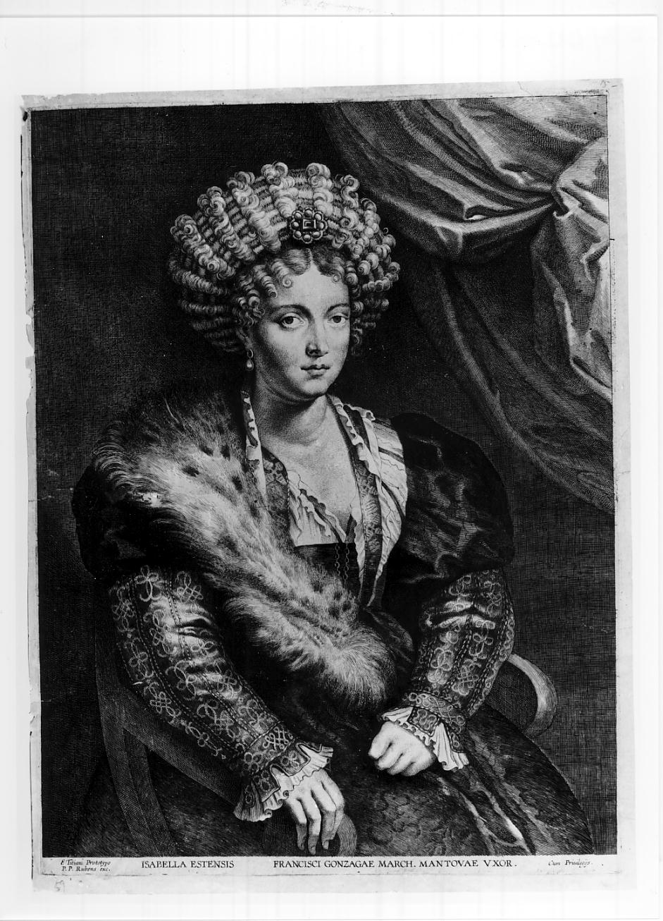 Isabella d'Este, moglie di Francesco II Gonzaga, quarto marchese di Mantova (n. 1474 - m. 1539) (stampa) di Vorsterman Lucas, Vecellio Tiziano, Rubens Pieter Paul (sec. XVII)