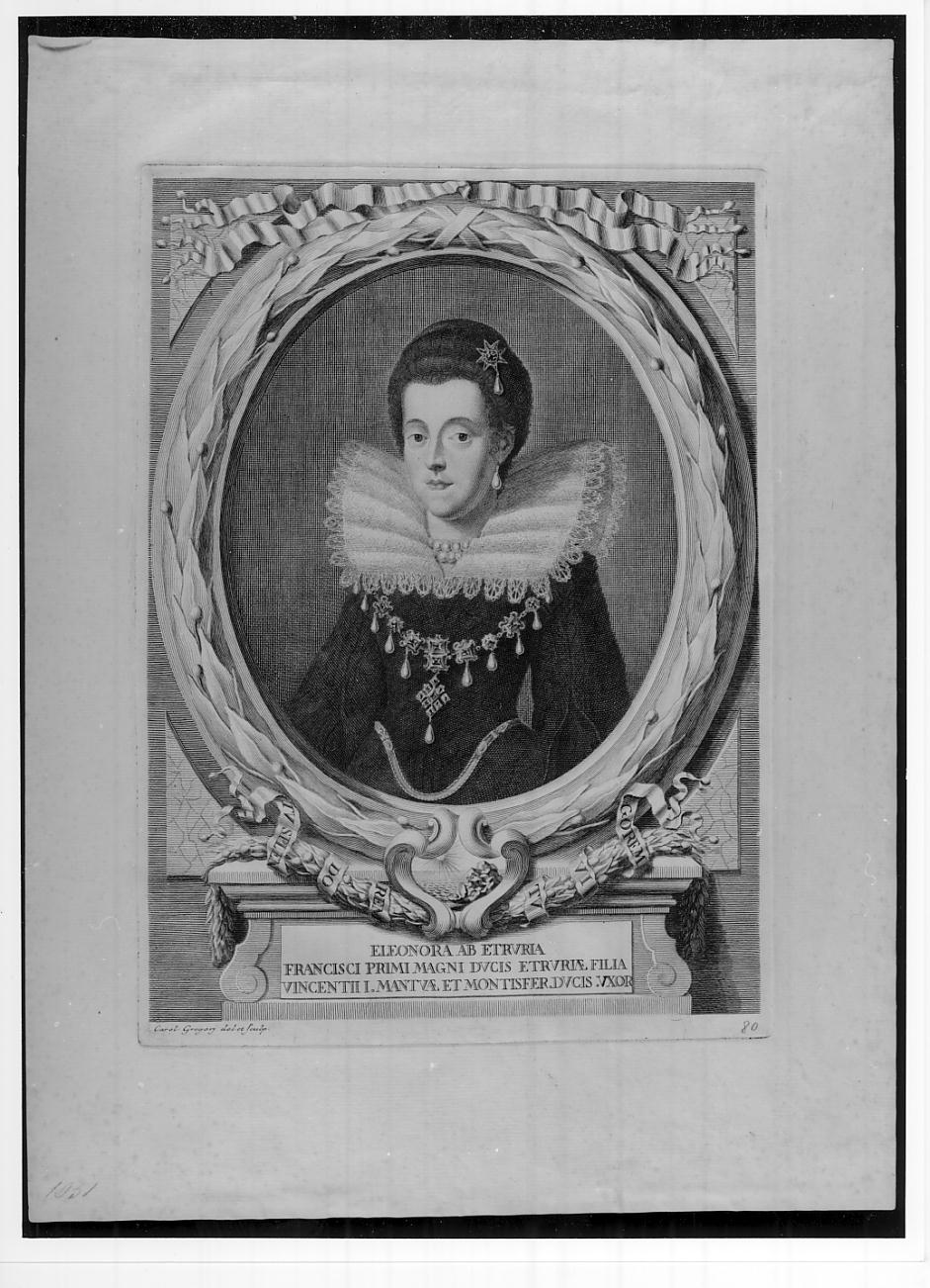 Eleonora de' Medici, seconda moglie di Francesco I Gonzaga, quarto duca di Mantova e secondo del Monferrato (n. 1568 - m. 1611) (stampa, serie) di Gregori Carlo (sec. XVIII)