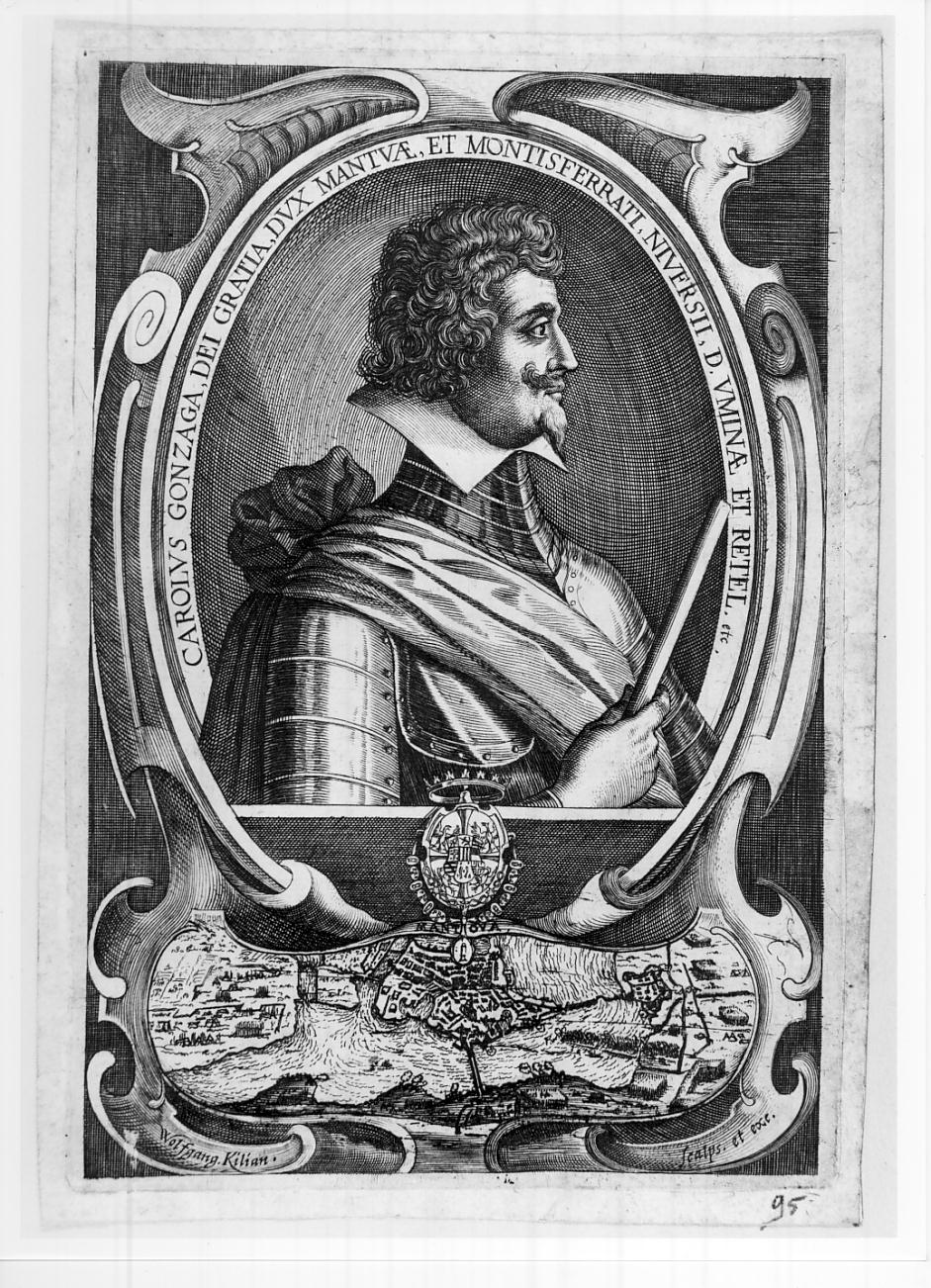Carlo I Gonzaga-Nevers, ottavo duca di Mantova e sesto del Monferrato (n. 1580 - m. 1637)/ Pianta scenografica di mantova assediata da Delfichi-Bertazzolo (stampa) di Kilian Wolfgang (sec. XVII)