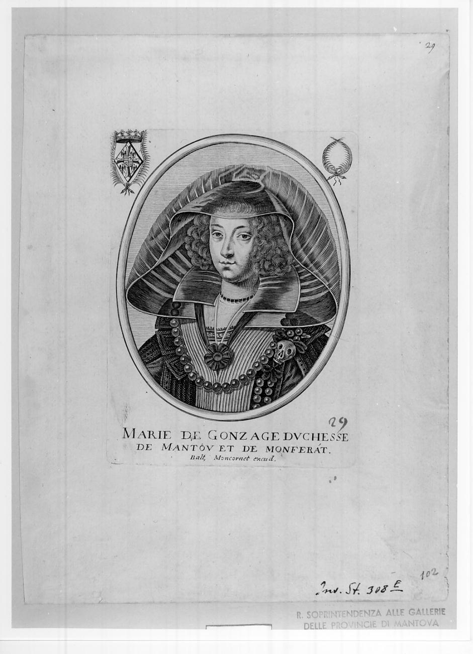 Maria Gonzaga, moglie di Carlo Gonzaga duca di Rethel, reggente dei ducati di Mantova e Monferrato dal 1637 al 1647, per conto del figlio Carlo II Gonzaga-Nevers (n. 1609-m. 1660) (stampa, serie) di Moncornet Balthasar (sec. XVII)