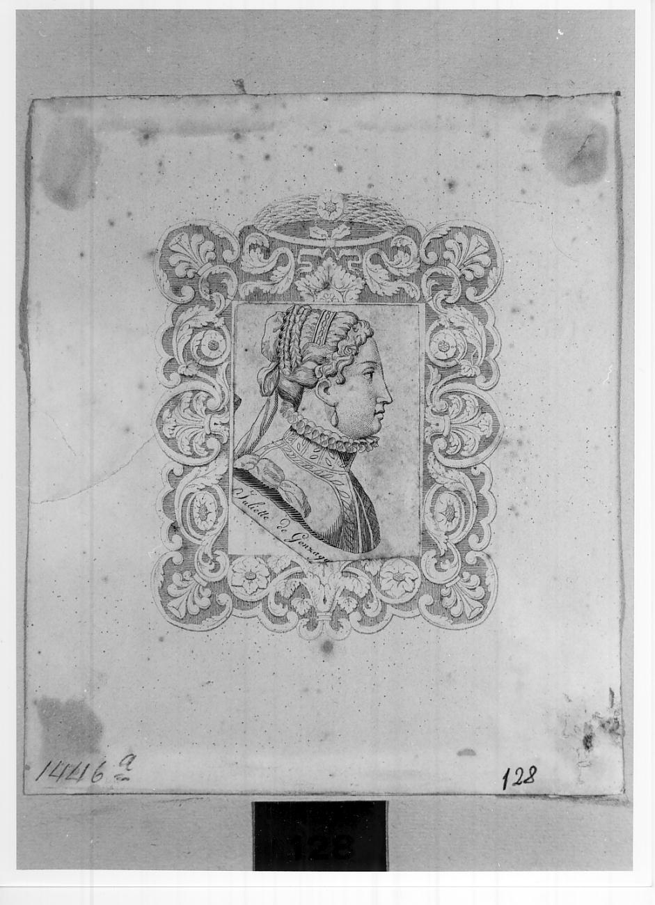 Giulia Gonzaga, figlia di Ludovico, conte di Rodigo e signore di Sabbioneta, seconda moglie di Vespasiano Colonna (n. 1513 - m. 1566) (stampa tagliata) - ambito francese (secondo quarto sec. XIX)