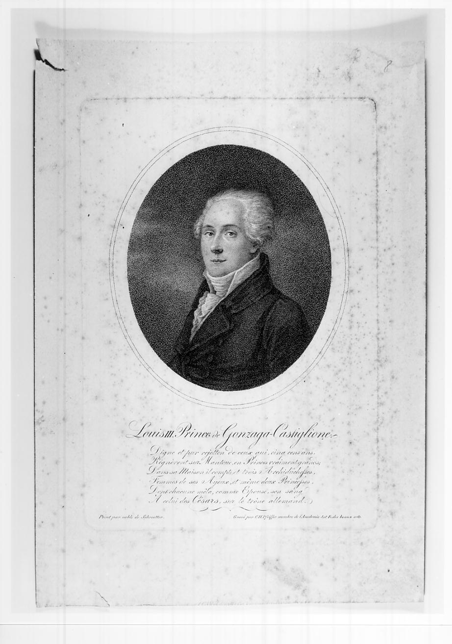 Luigi Gonzaga, ultimo principe di Castiglione (n. 1745 - m. 1819) (stampa) di Pfeiffer Carl Hermann, Schroder Johann Heinrich (fine/inizio secc. XVIII/ XIX)
