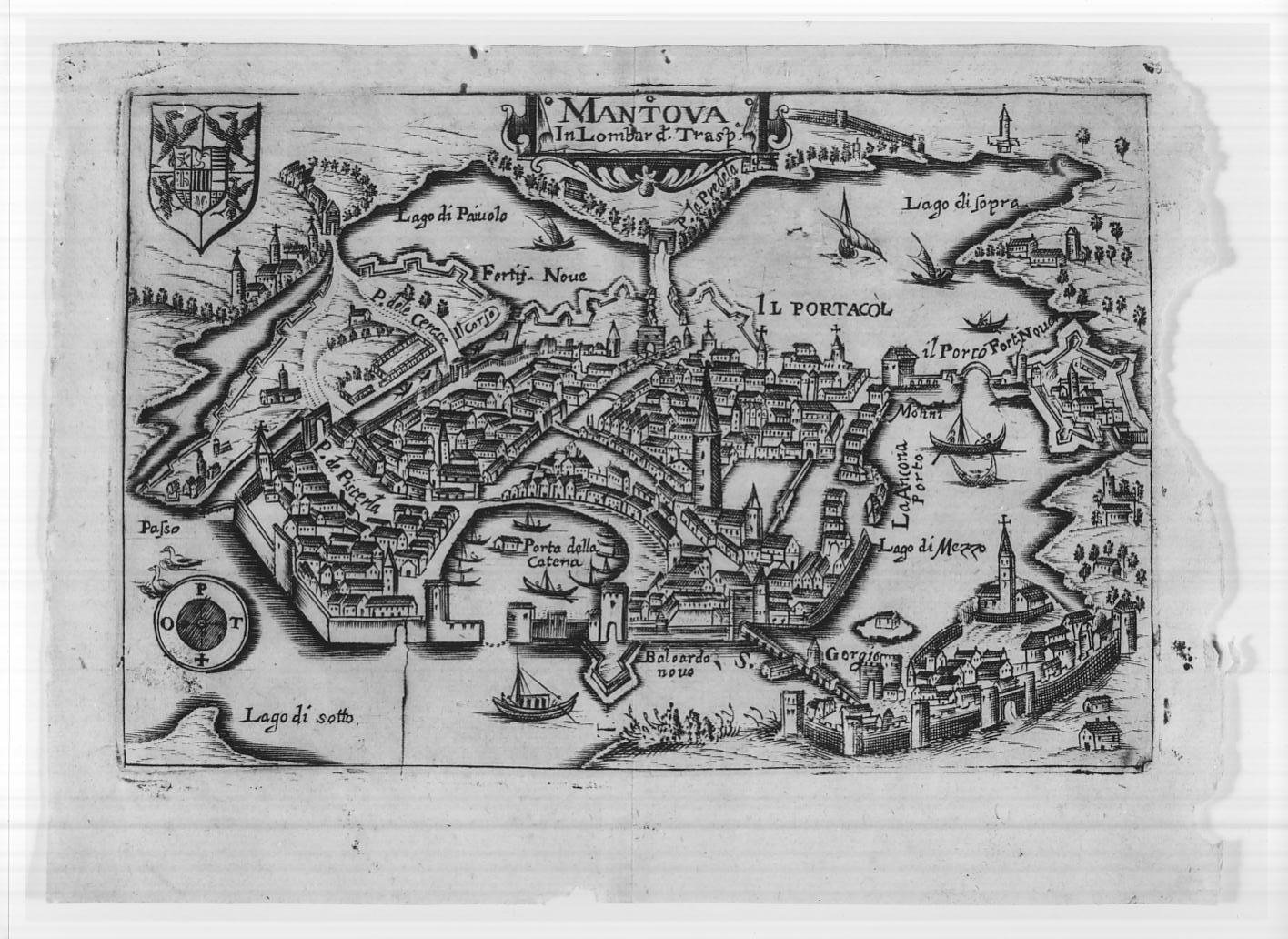 Veduta prospettica a volo d'uccello di Mantova e dei dintorni (stampa, serie) di Bertelli Pietro, Hogenberg Franz (sec. XVII)