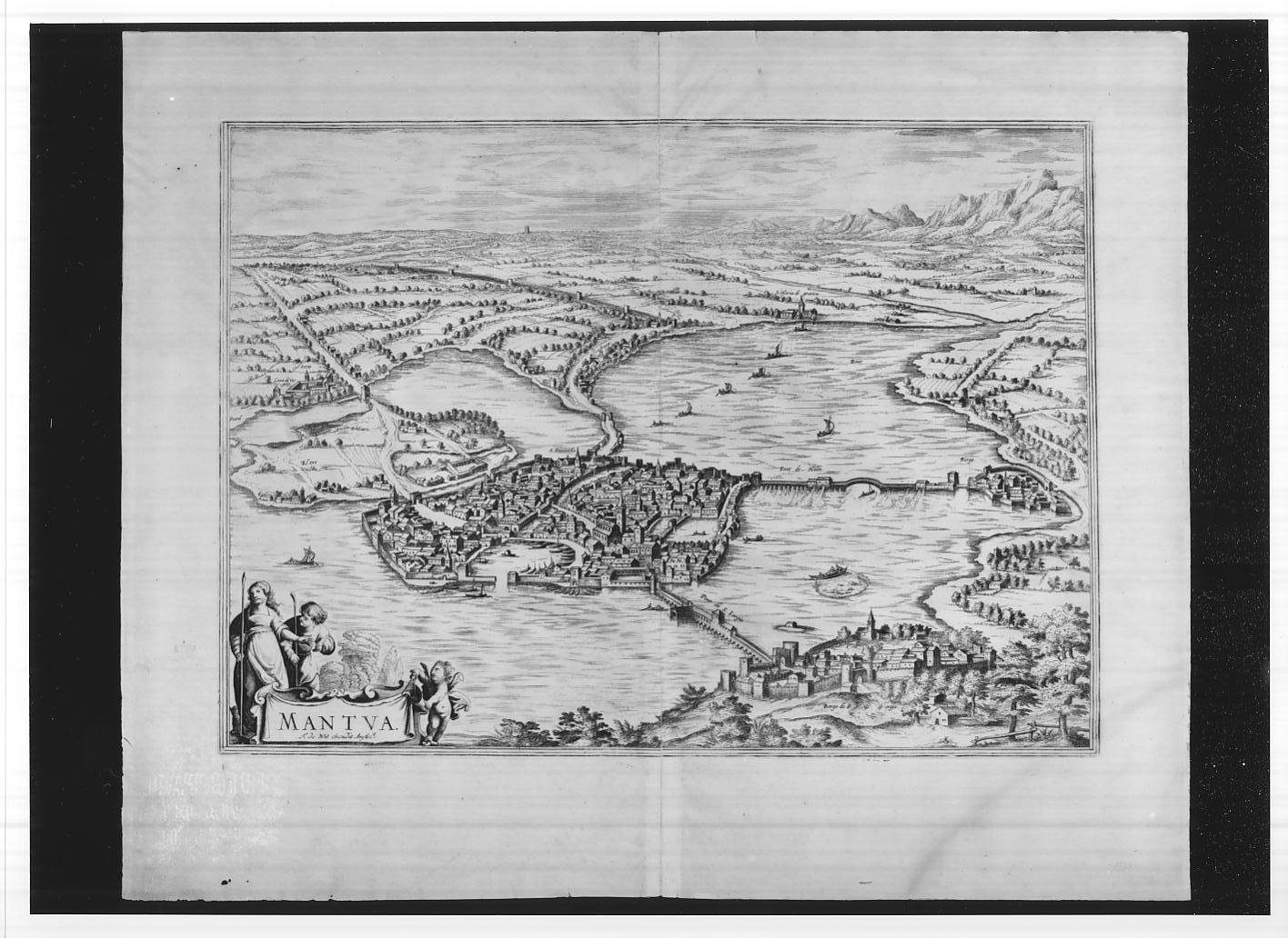 Veduta prospettica a volo d'uccello di Mantova e dei dintorni (stampa, serie) di Hogenberg Franz (sec. XVII)