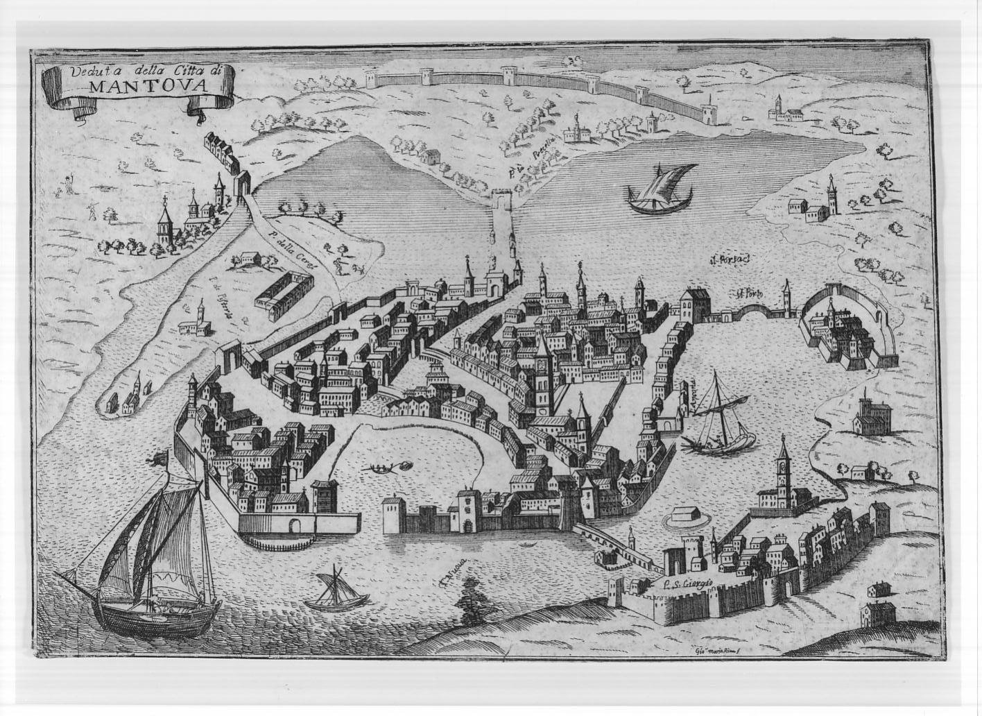 Veduta prospettica a volo d'uccello di Mantova e dei dintorni (stampa smarginata) di Riva Giovanni Maria, Bertelli Pietro, Hogenberg Franz (sec. XVIII)