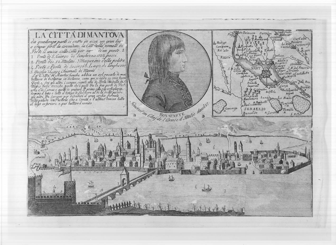 Veduta panoramica di Mantova/ Pianta della città e dei dintorni/ Profilo di Napoleone Bonaparte (stampa smarginata) - ambito europeo (sec. XVIII)