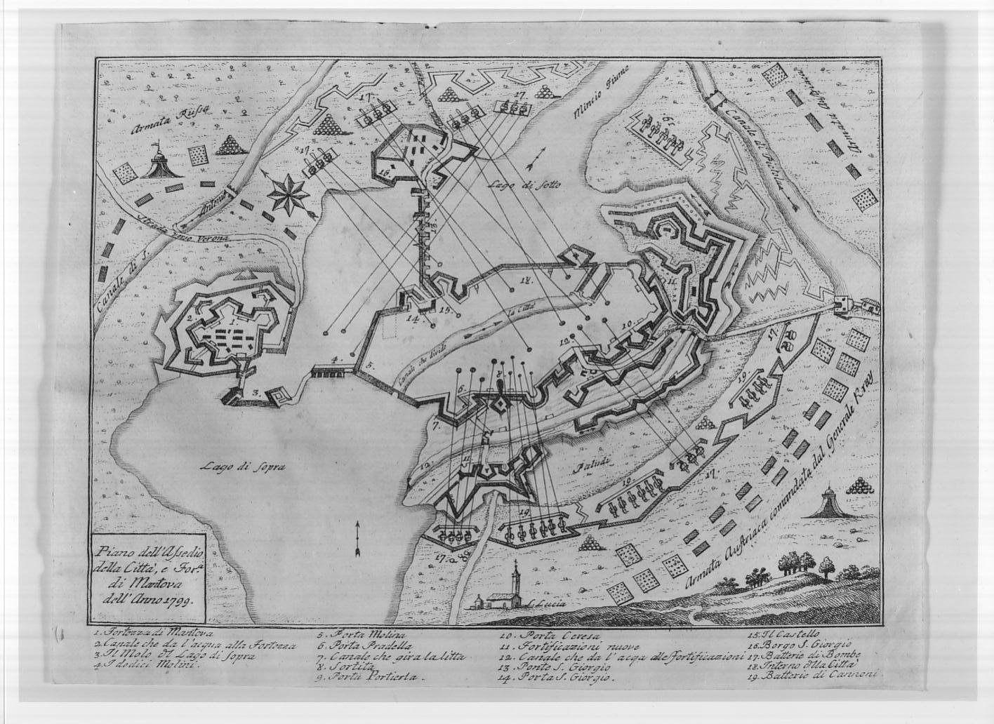 Pianta di Mantova assediata e dei dintorni (stampa smarginata) - ambito italiano (sec. XVIII)