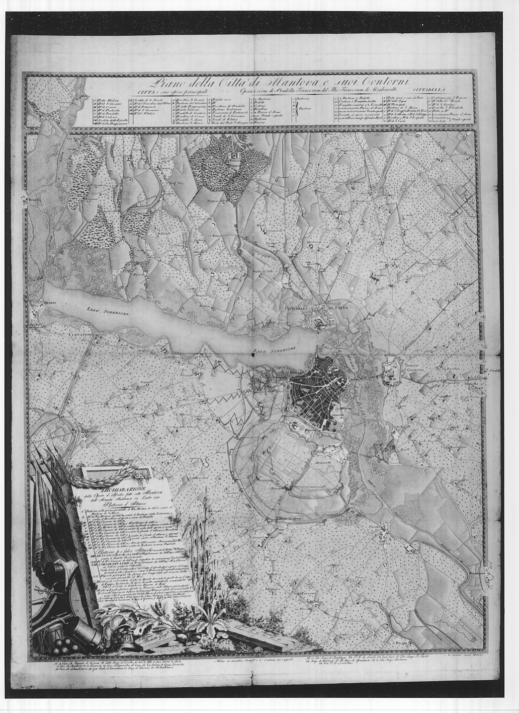 Pianta di Mantova e dei dintorni (stampa a colori smarginata) di Caniani Giuseppe, Pinchetti Giuseppe (sec. XIX)