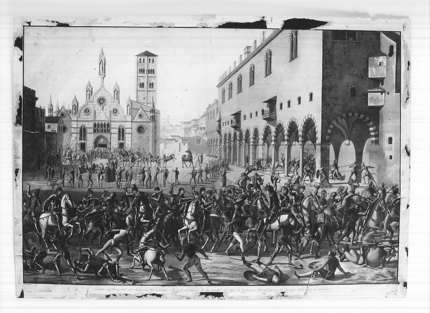 Cacciata dei Bonacolsi (stampa a colori, serie) di Bramati, Morone Domenico, Antoldi (sec. XIX)