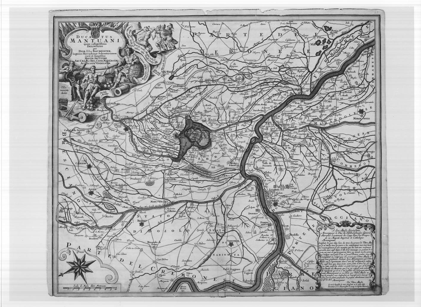 Carta del territorio del ducato di Mantova (stampa a colori smarginata) di Baumeister Johann Jacob (sec. XVIII)