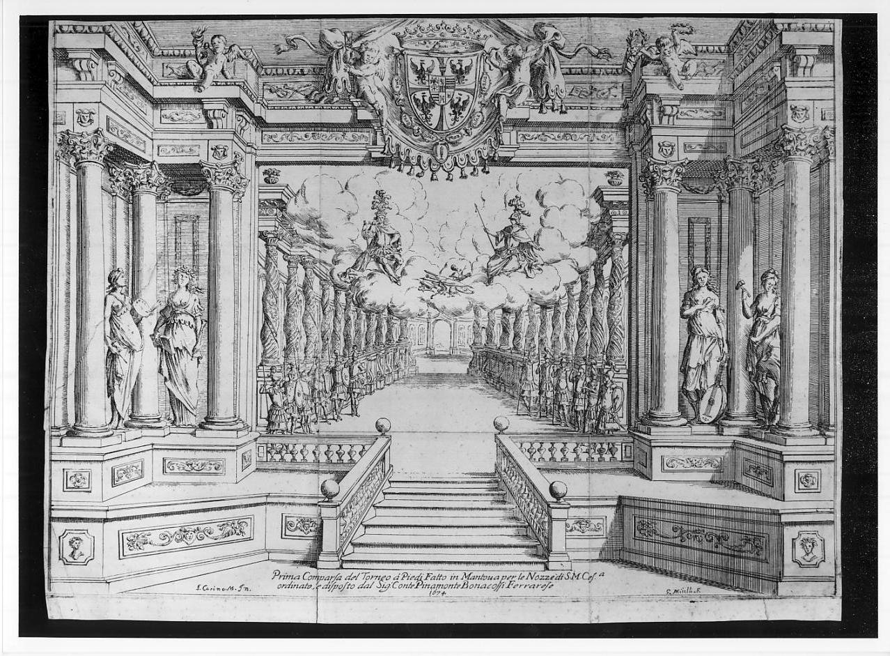 Proscenio del teatro Fedeli a Mantova, con la prima comparsa del torneo rappresentato il 15 maggio 1674 (stampa, serie) di Mitelli Giuseppe Maria, Carini Fabrizio detto Motta (sec. XVII)