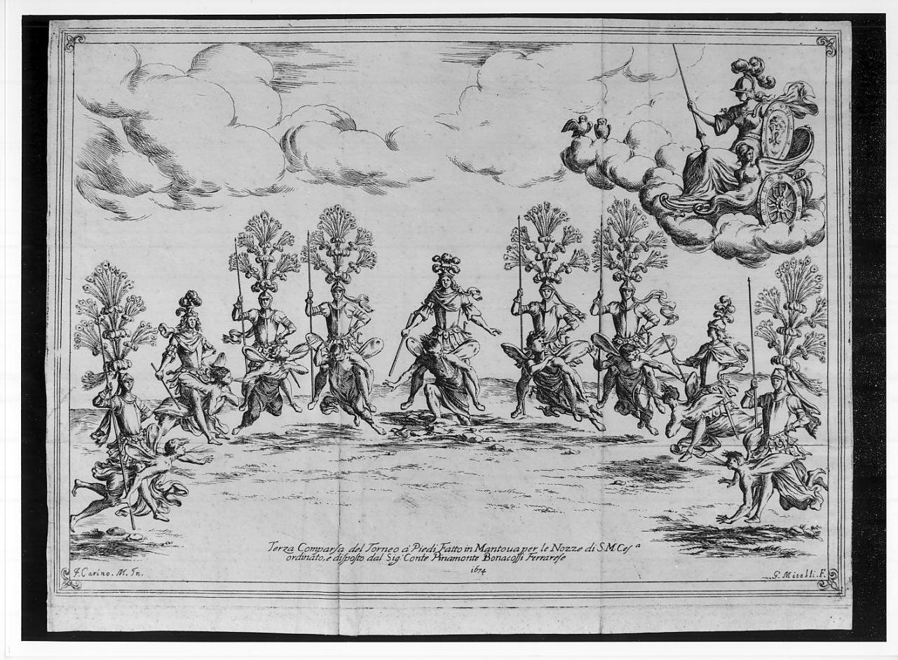 Terza comparsa del torneo rappresentato il 15 maggio 1674 al teatro Fedeli di Mantova (stampa, serie) di Mitelli Giuseppe Maria, Carini Fabrizio detto Motta (sec. XVII)