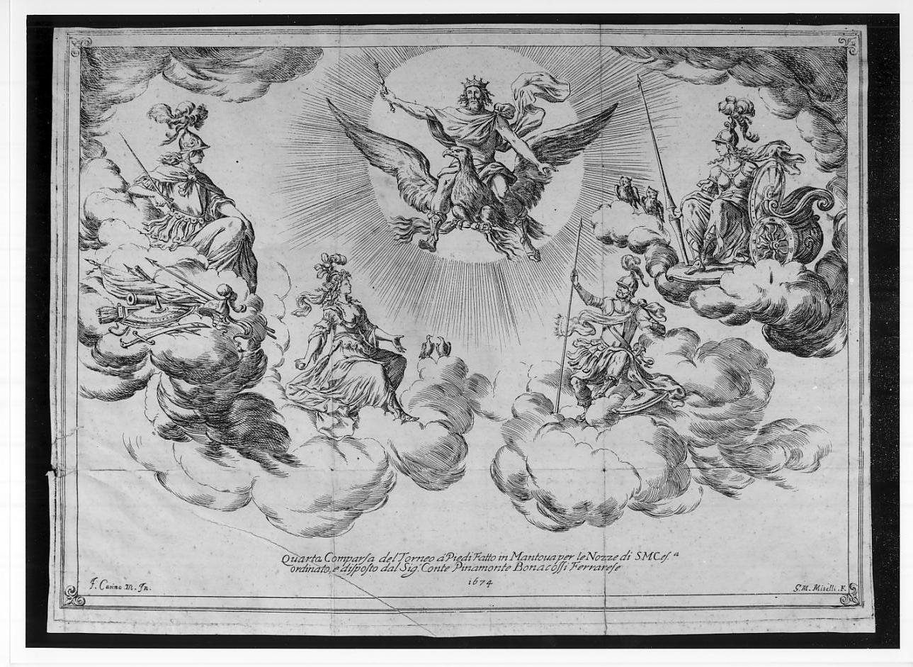 Quarta comparsa del torneo rappresentato il 15 maggio 1674 al teatro Fedeli di Mantova (stampa, serie) di Mitelli Giuseppe Maria, Carini Fabrizio detto Motta (sec. XVII)