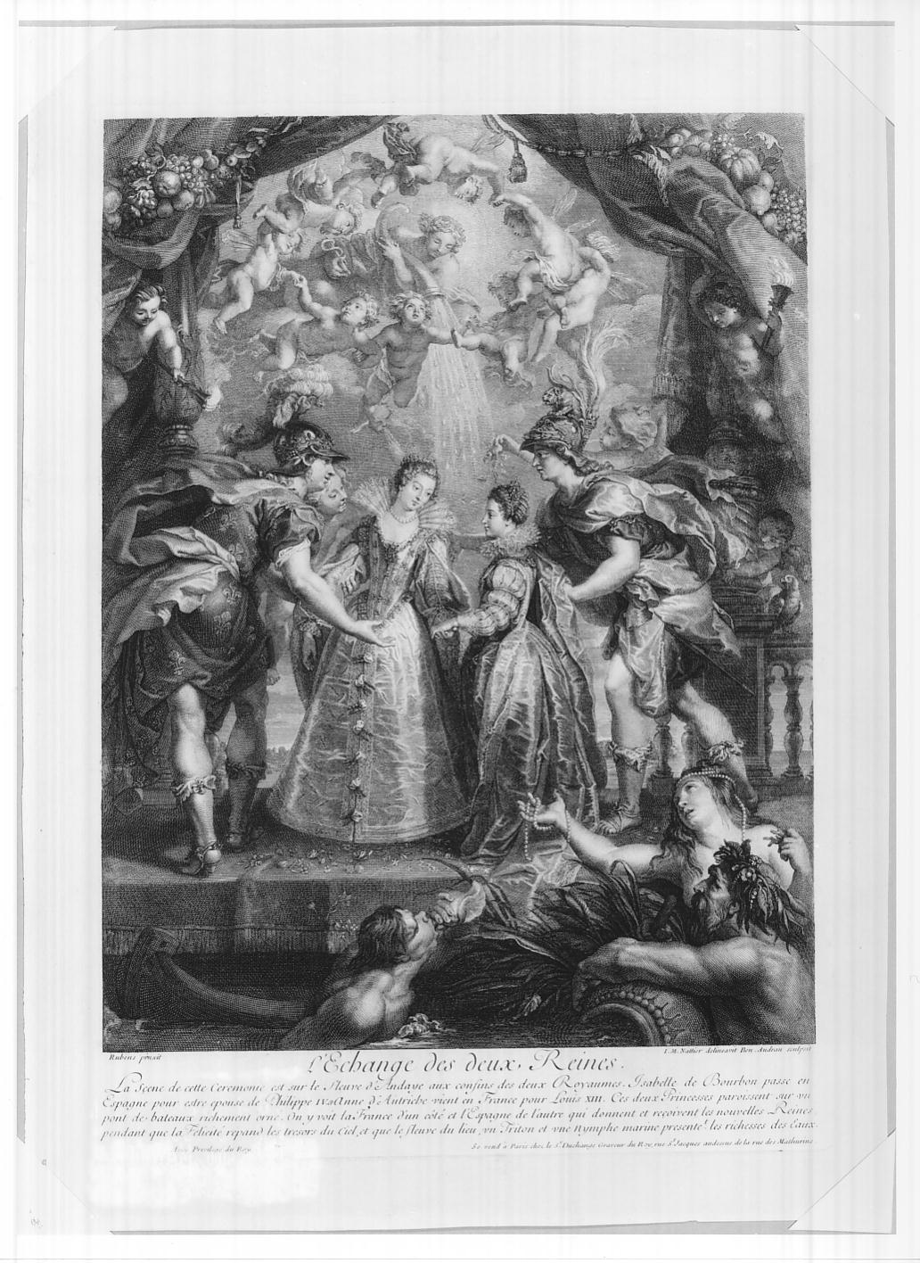Lo scambio delle principesse a Hendaye (stampa, serie) di Audran Benoit, Nattier Jean Marc, Rubens Pieter Paul (sec. XVIII)