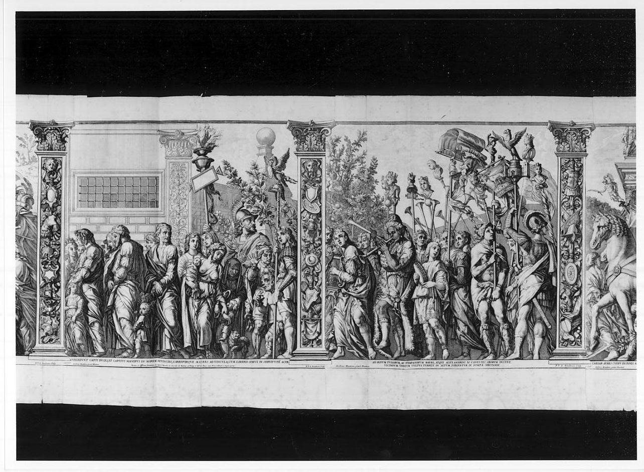 Prigionieri, buffoni e soldati// Musici e portatori di insegne (stampa tagliata, serie) di Van Auden Aerd Robert, Mantegna Andrea, Andreani Andrea (sec. XVII)