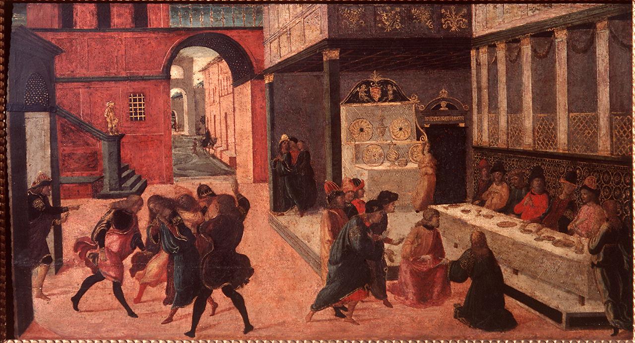 banchetto di Assuero (formella di cassone) di Jacopo del Sellaio (sec. XV)