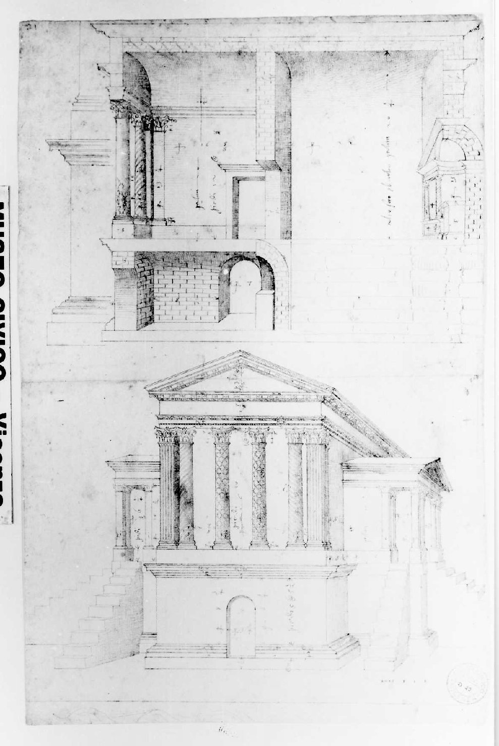 prospetto e sezione di edificio (disegno) di Palladio Andrea (sec. XVI)