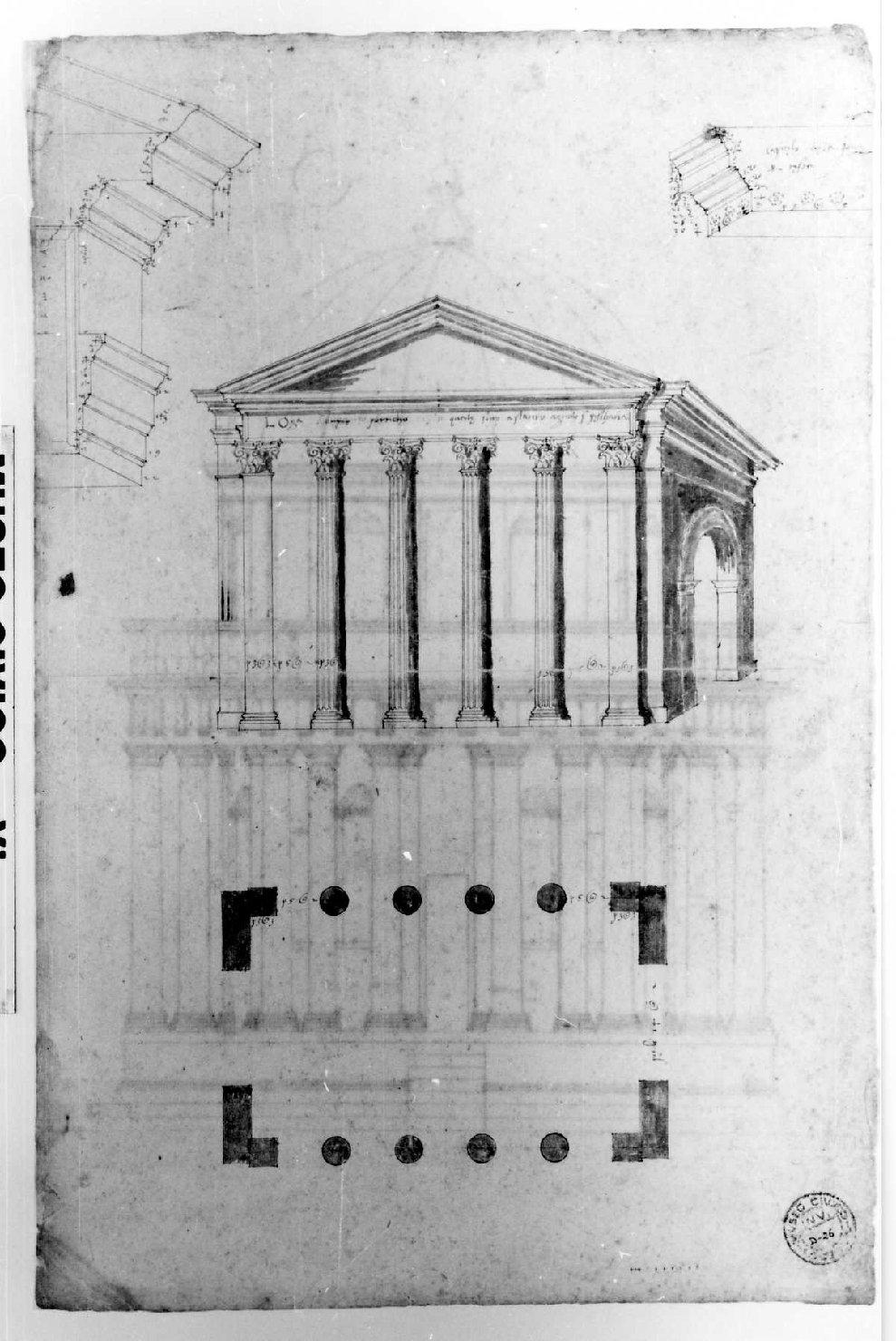 prospetto e pianta di edificio (disegno) di Palladio Andrea (sec. XVI)