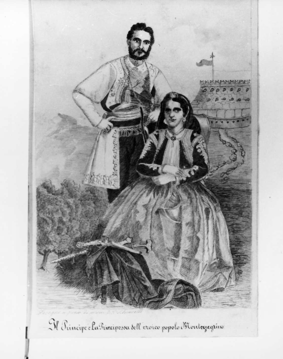 Il Principe e la Principessa dell'eroico popolo Montenegrino (disegno) di Schiavetto Giacomo (sec. XIX)