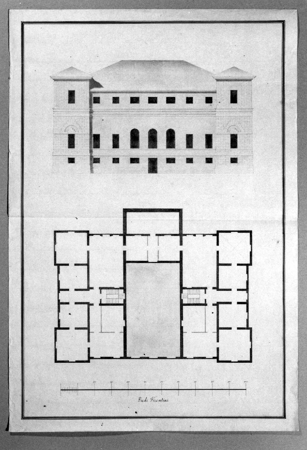 prospetto e pianta di edificio (disegno) di Malacarne Bartolomeo (sec. XIX)